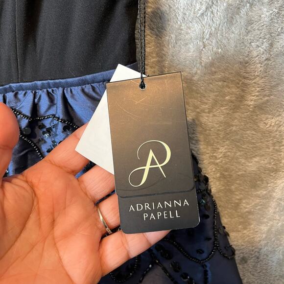 Adrianna Papell Sz 2 Jersey & Taffeta High‎ Neckline Beaded Dress Navy Black New - Picture 4 of 9